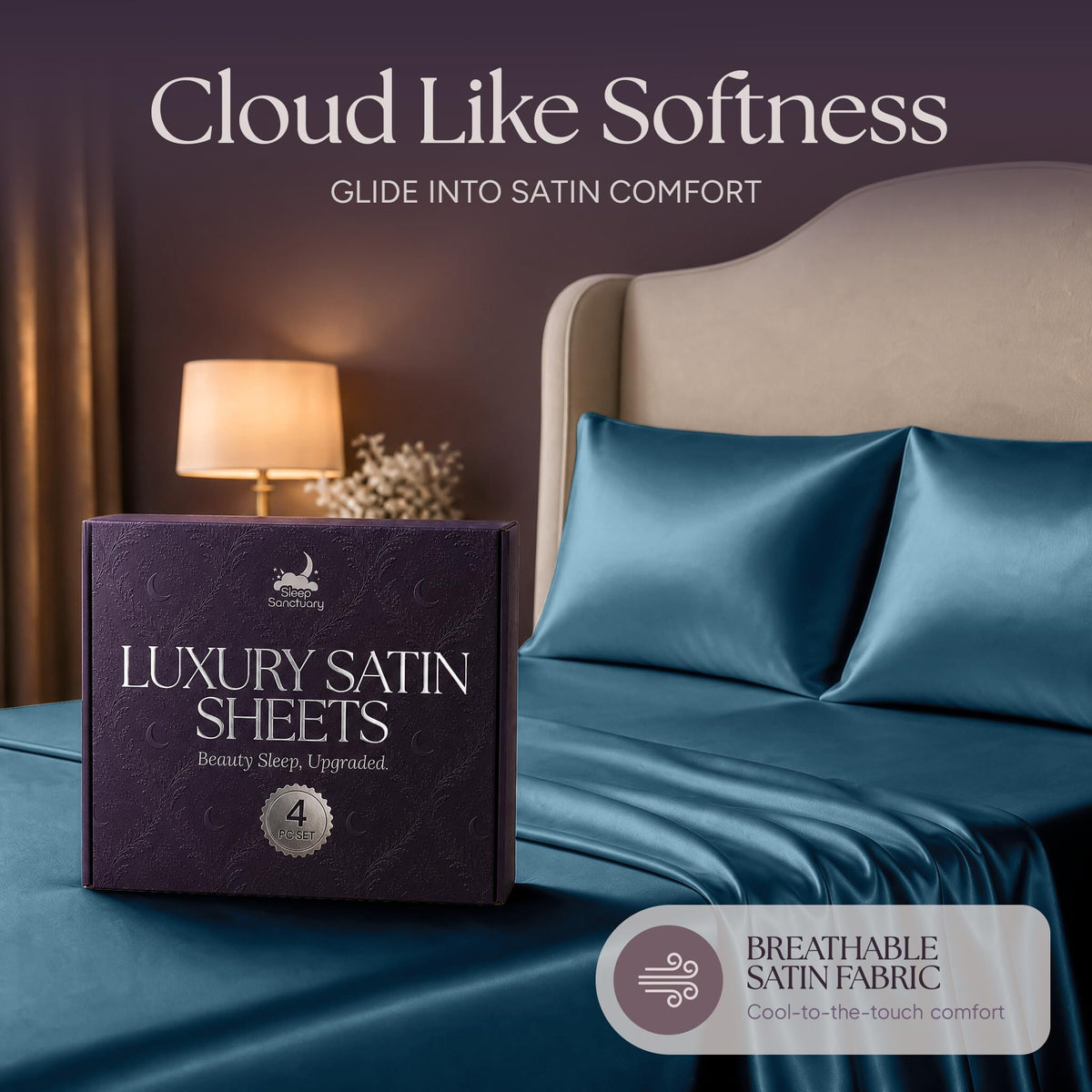 Teal blue satin pillows and sheets beside a purple sheet box, beneath the heading "Cloud Like Softness".