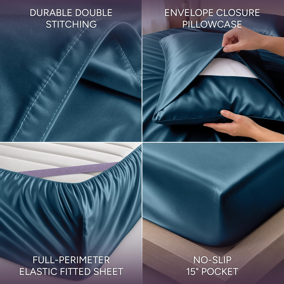 Teal blue satin sheet detail collage showing double stitching, an envelope pillowcase, perimeter elastic and a pocket labeled 15 inches.