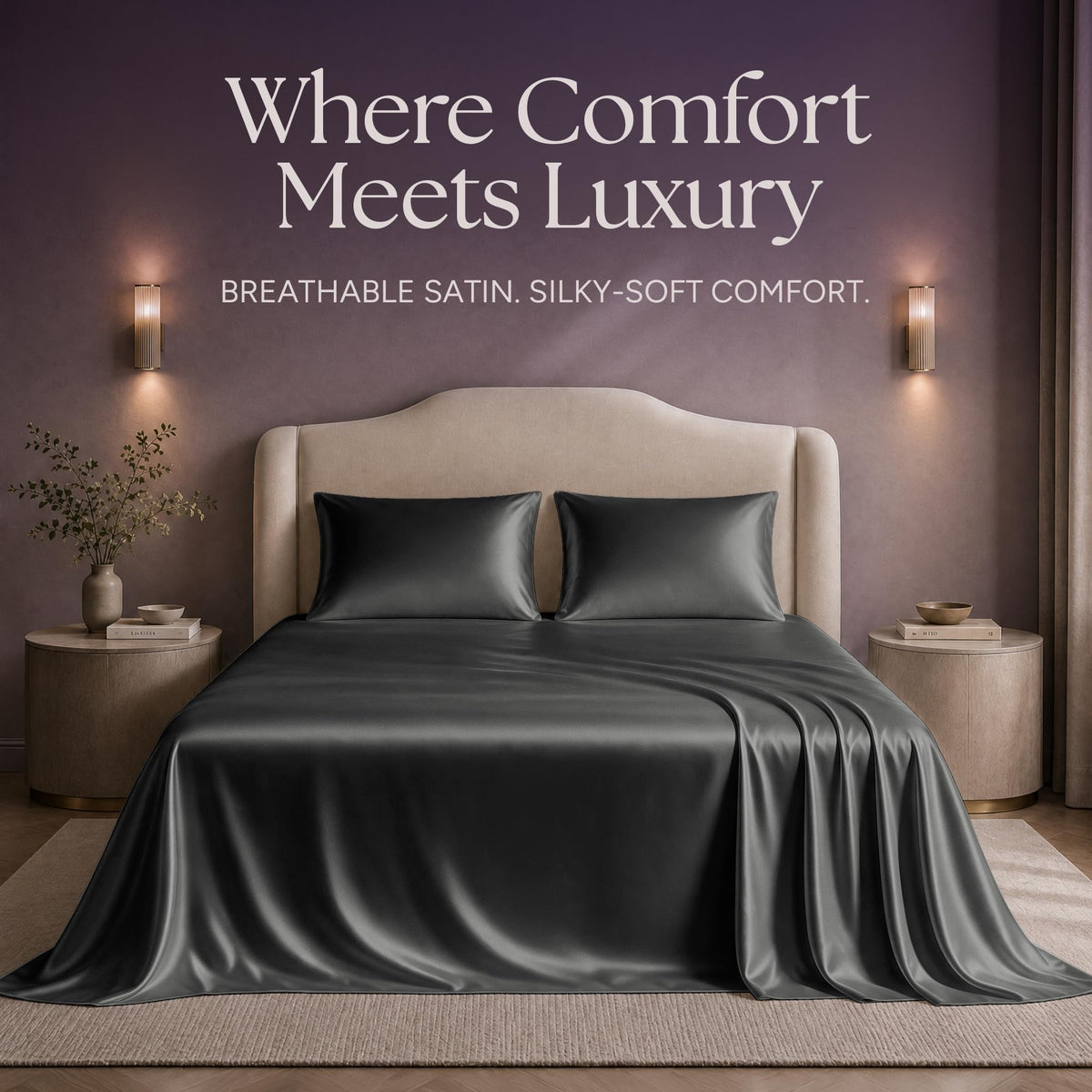 Dark gray satin sheets and two matching pillows on a bed beneath "Where Comfort Meets Luxury".