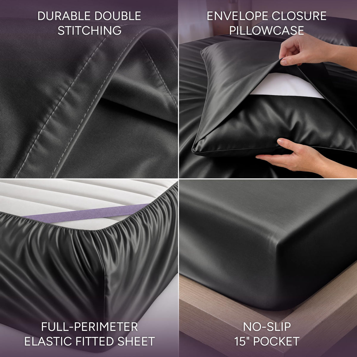 Dark gray satin sheet detail collage showing double stitching, an envelope pillowcase, perimeter elastic and a pocket labeled 15 inches.