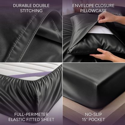 Dark gray satin sheet detail collage showing double stitching, an envelope pillowcase, perimeter elastic and a pocket labeled 15 inches.
