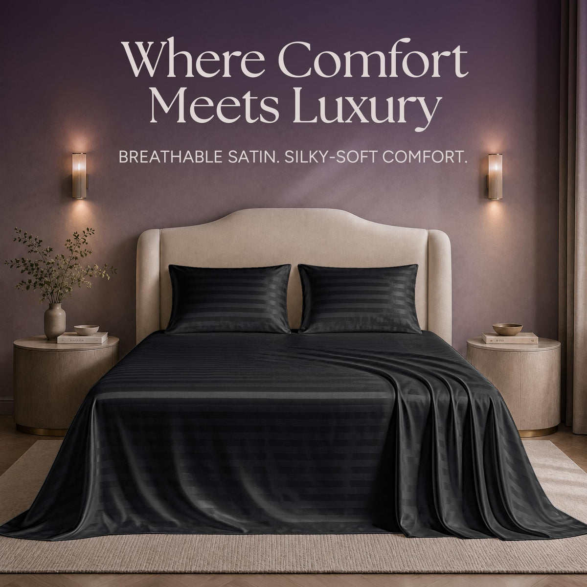 Black striped satin sheets and two matching pillows on a bed beneath "Where Comfort Meets Luxury".