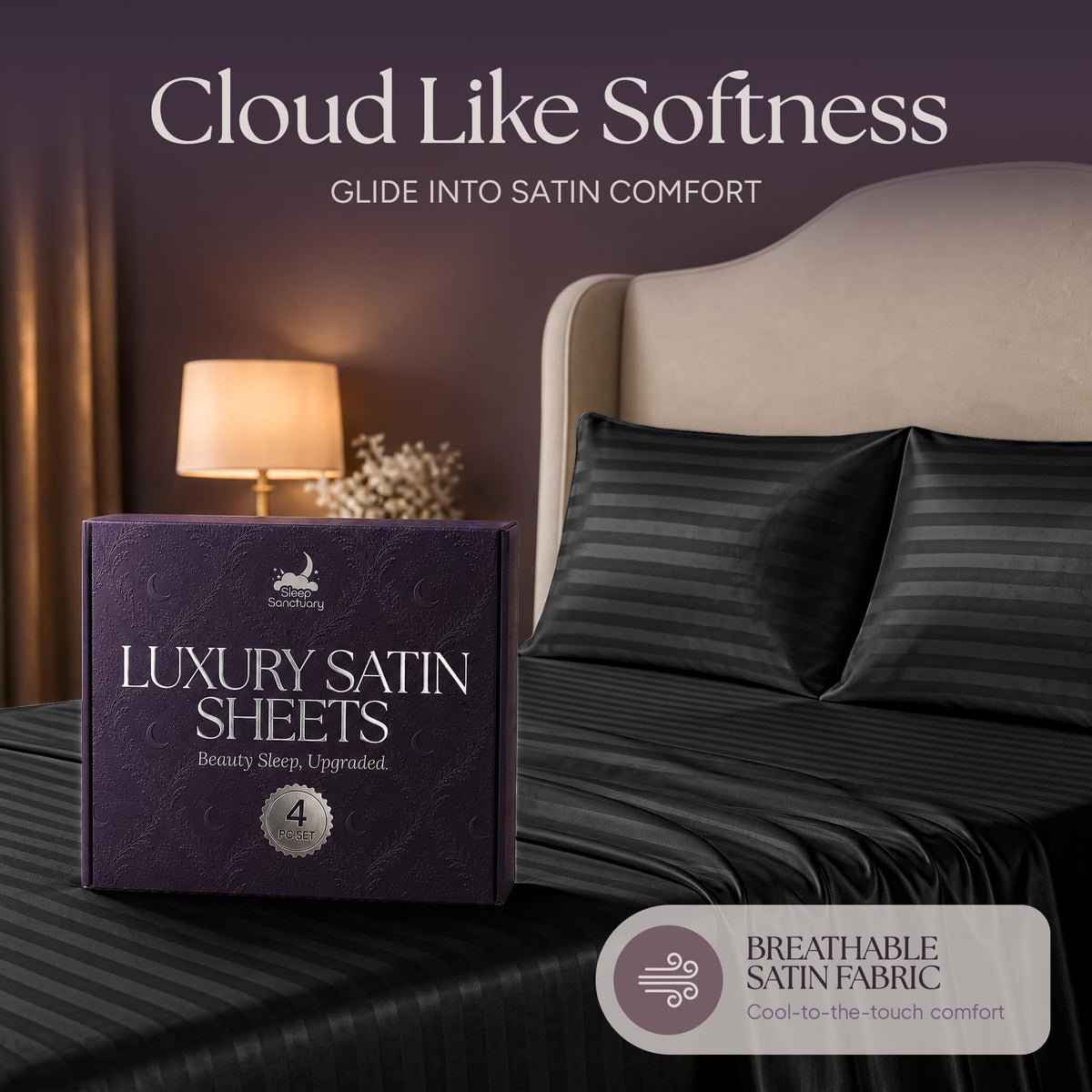 Black striped satin pillows and sheets beside a purple sheet box, beneath the heading "Cloud Like Softness".