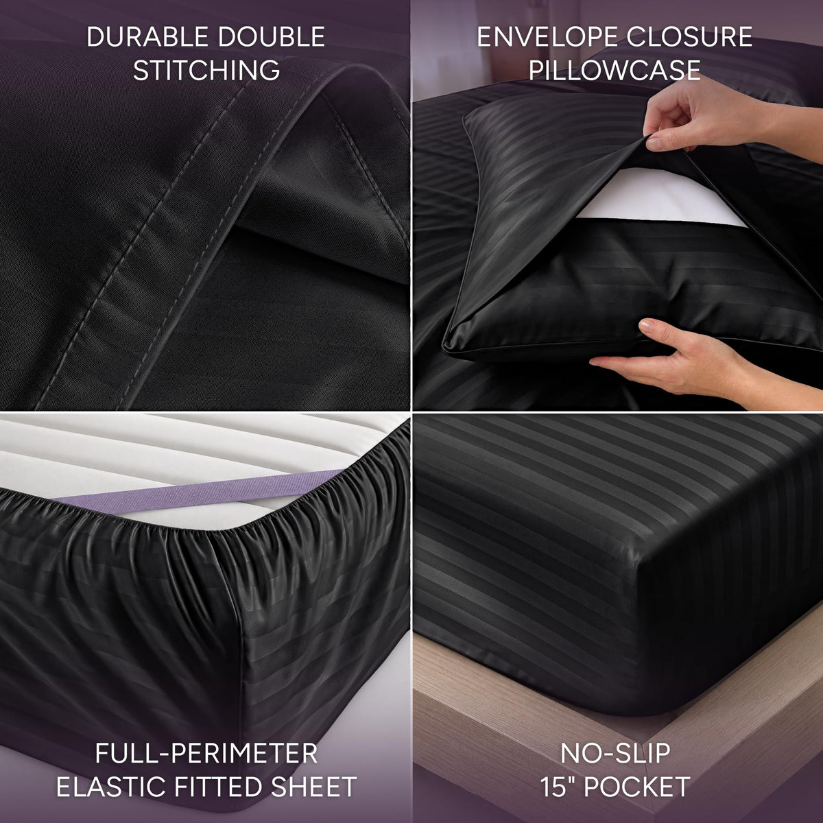 Black striped satin sheet detail collage showing double stitching, an envelope pillowcase, perimeter elastic and a pocket labeled 15 inches.