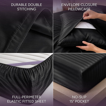 Black striped satin sheet detail collage showing double stitching, an envelope pillowcase, perimeter elastic and a pocket labeled 15 inches.