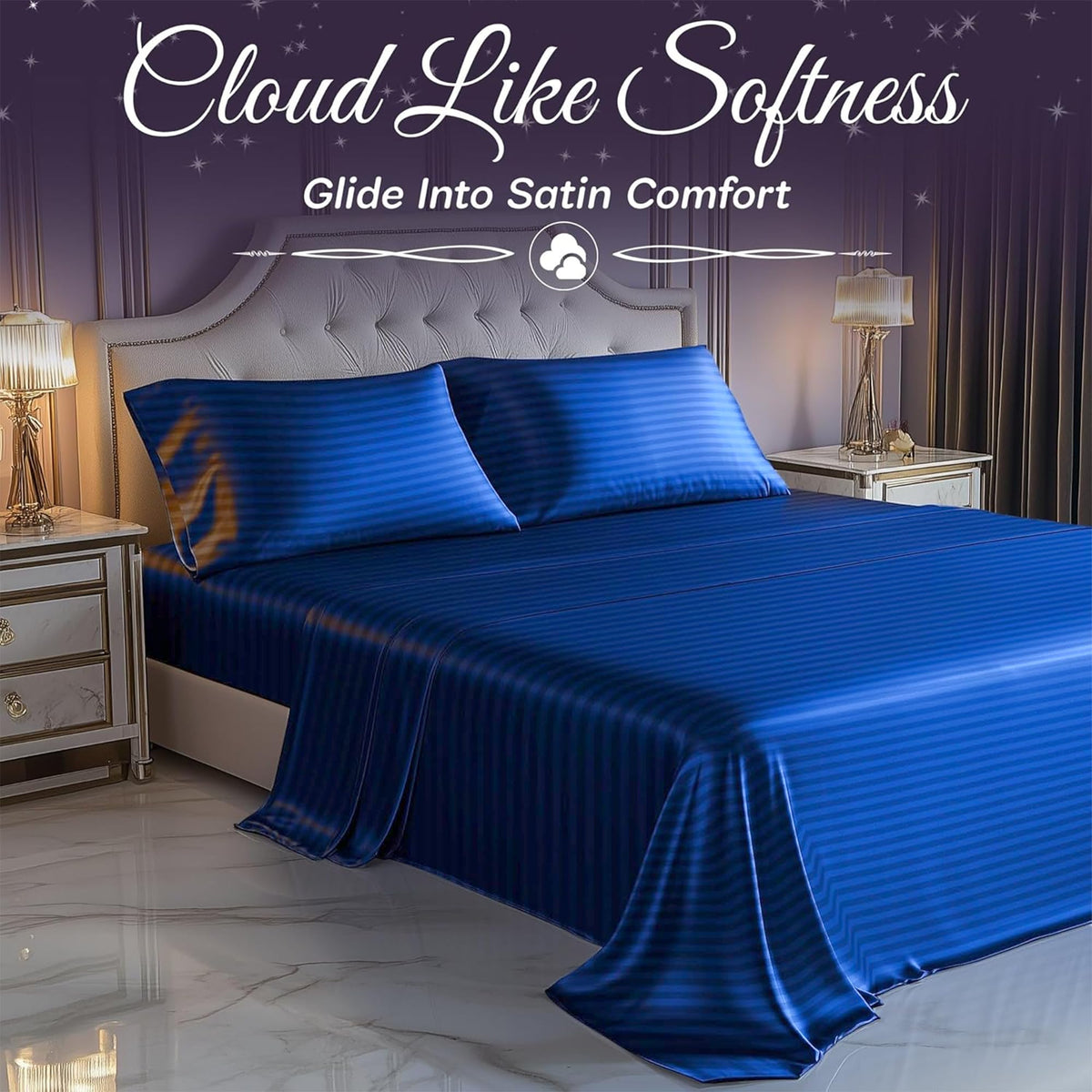 Royal blue striped satin sheets and pillows on a tufted bed between mirrored nightstands, beneath "Cloud Like Softness".