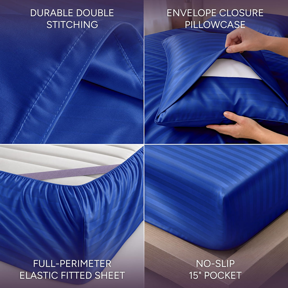 Royal blue striped satin sheet detail collage showing double stitching, an envelope pillowcase, perimeter elastic and a pocket labeled 15 inches.