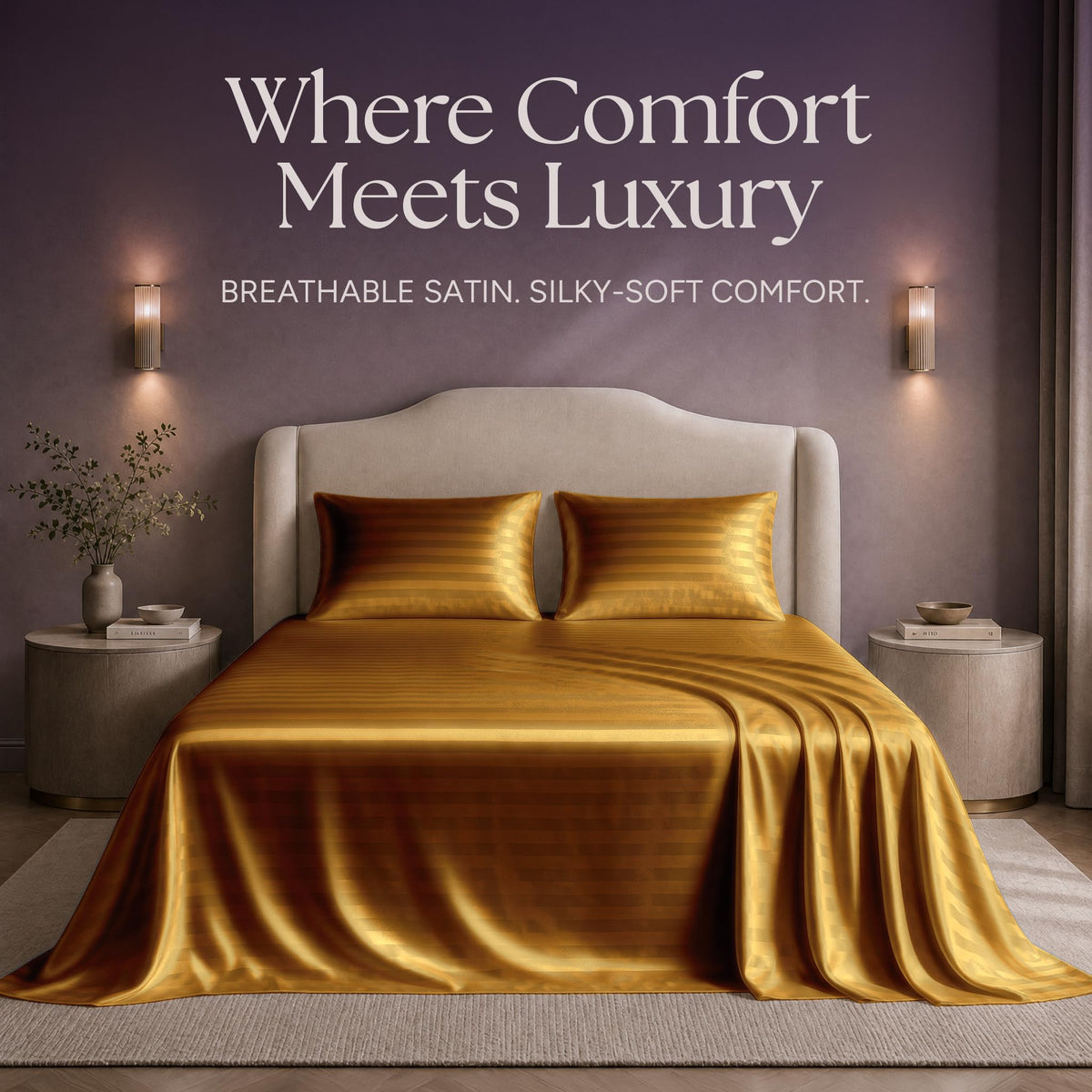 Gold striped satin sheets and two matching pillows on a bed beneath "Where Comfort Meets Luxury".