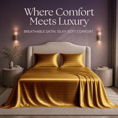 Gold striped satin sheets and two matching pillows on a bed beneath "Where Comfort Meets Luxury".