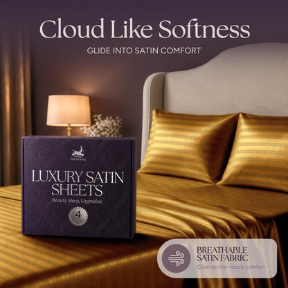 Gold striped satin pillows and sheets beside a purple sheet box, beneath the heading "Cloud Like Softness".