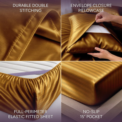 Gold striped satin sheet detail collage showing double stitching, an envelope pillowcase, perimeter elastic and a pocket labeled 15 inches.