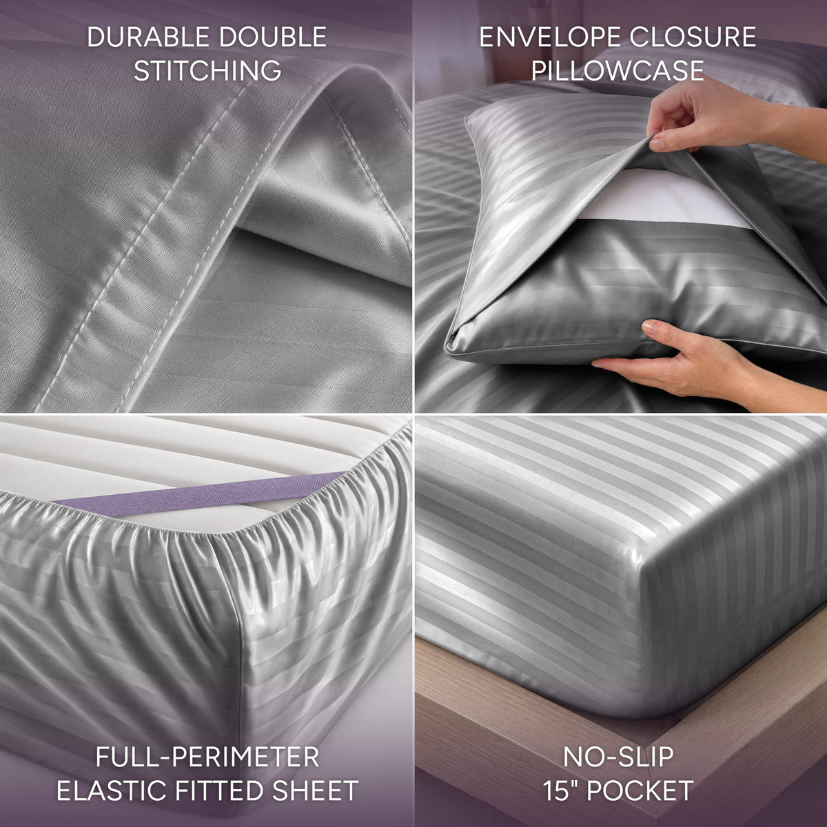 Silver gray striped satin sheet detail collage showing double stitching, an envelope pillowcase, perimeter elastic and a pocket labeled 15 inches.