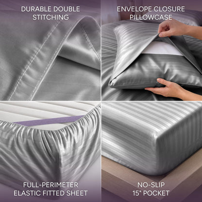 Silver gray striped satin sheet detail collage showing double stitching, an envelope pillowcase, perimeter elastic and a pocket labeled 15 inches.
