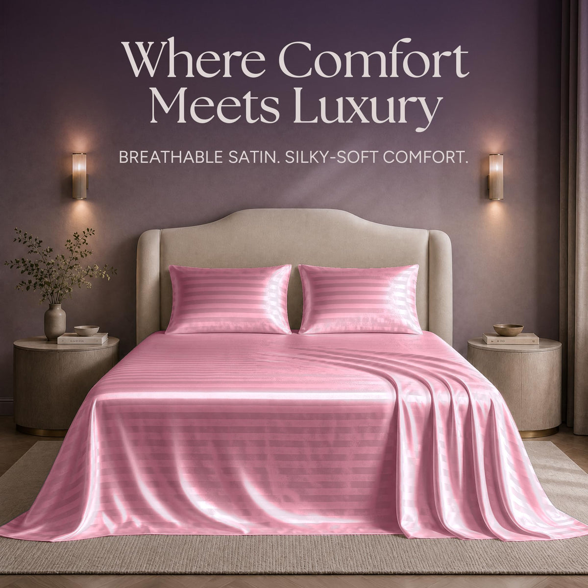 Pink striped satin sheets and two matching pillows on a bed beneath "Where Comfort Meets Luxury".