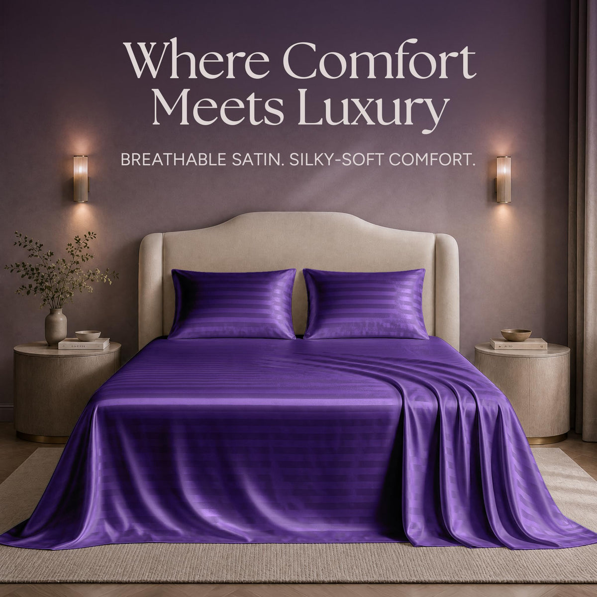 Purple striped satin sheets and two matching pillows on a bed beneath "Where Comfort Meets Luxury".