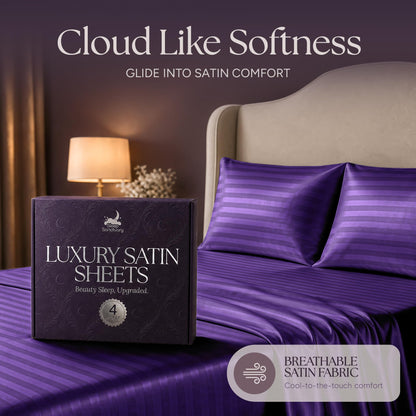 Purple striped satin pillows and sheets beside a purple sheet box, beneath the heading "Cloud Like Softness".