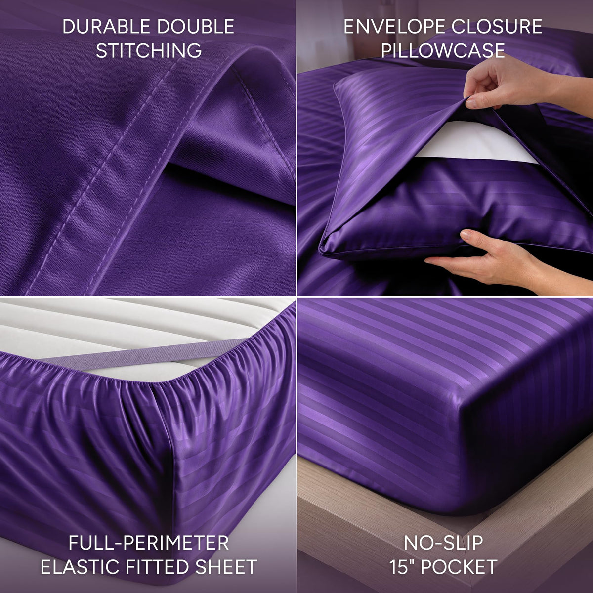 Purple striped satin sheet detail collage showing double stitching, an envelope pillowcase, perimeter elastic and a pocket labeled 15 inches.