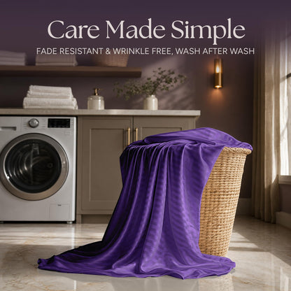 Purple striped satin fabric draped over a wicker laundry basket beside a washing machine beneath "Care Made Simple".