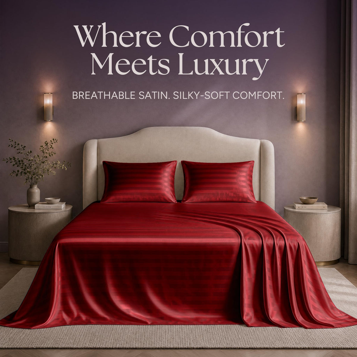 Red striped satin sheets and two matching pillows on a bed beneath "Where Comfort Meets Luxury".