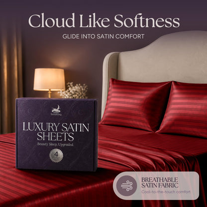 Red striped satin pillows and sheets beside a purple sheet box, beneath the heading "Cloud Like Softness".