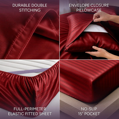 Red striped satin sheet detail collage showing double stitching, an envelope pillowcase, perimeter elastic and a pocket labeled 15 inches.