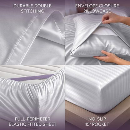 White striped satin sheet detail collage showing double stitching, an envelope pillowcase, perimeter elastic and a pocket labeled 15 inches.