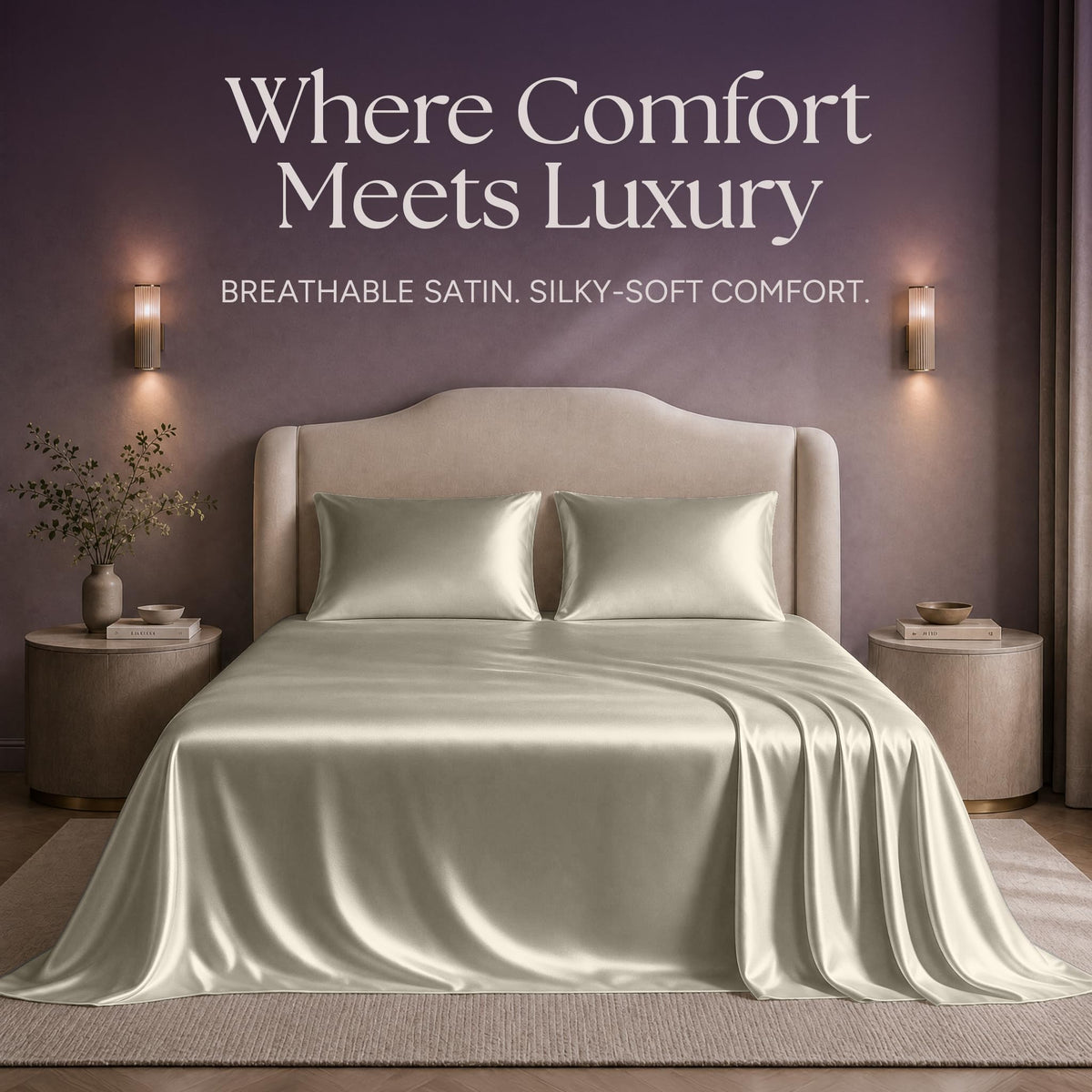 Ivory satin sheets and two matching pillows on a bed beneath "Where Comfort Meets Luxury".