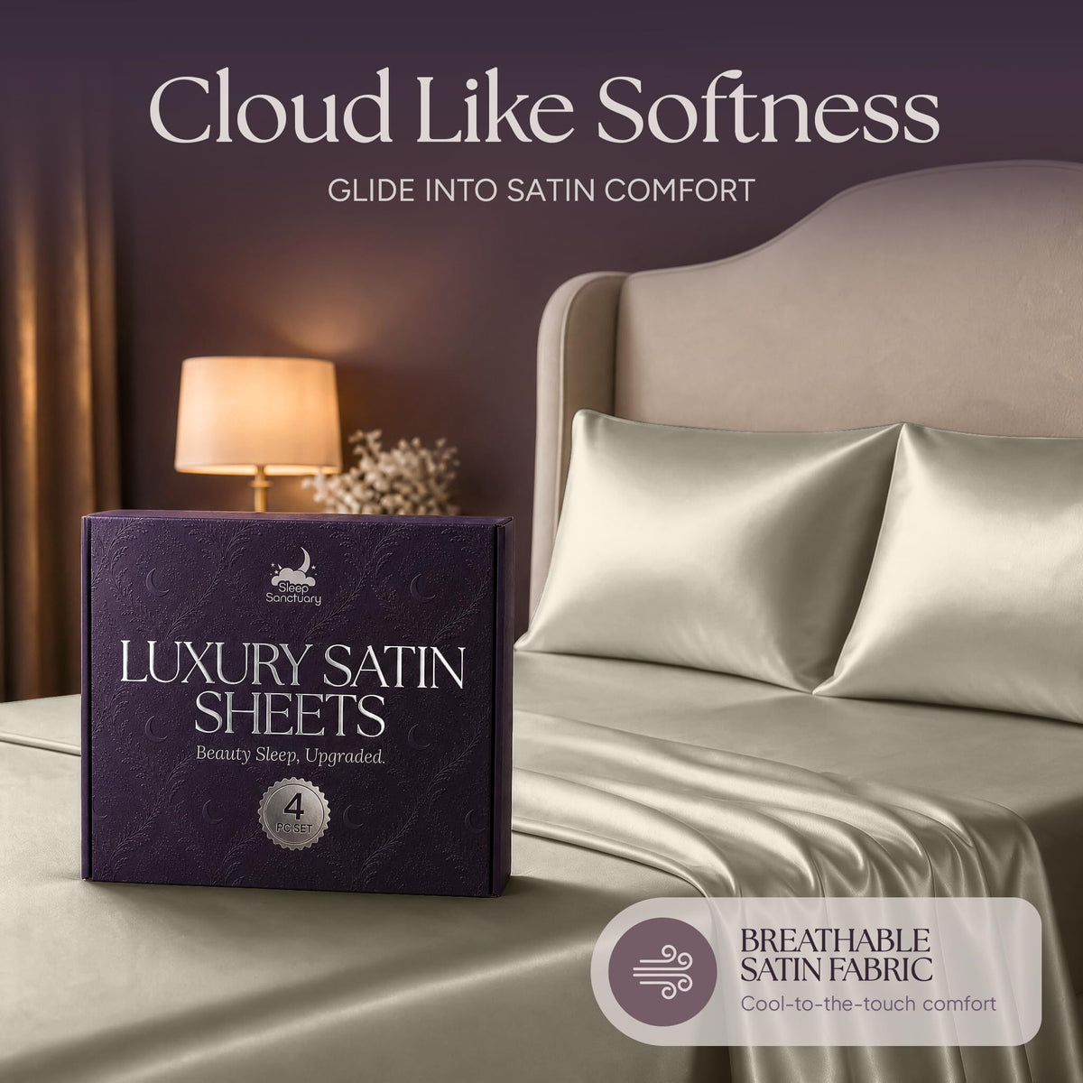 Ivory satin pillows and sheets beside a purple sheet box, beneath the heading "Cloud Like Softness".