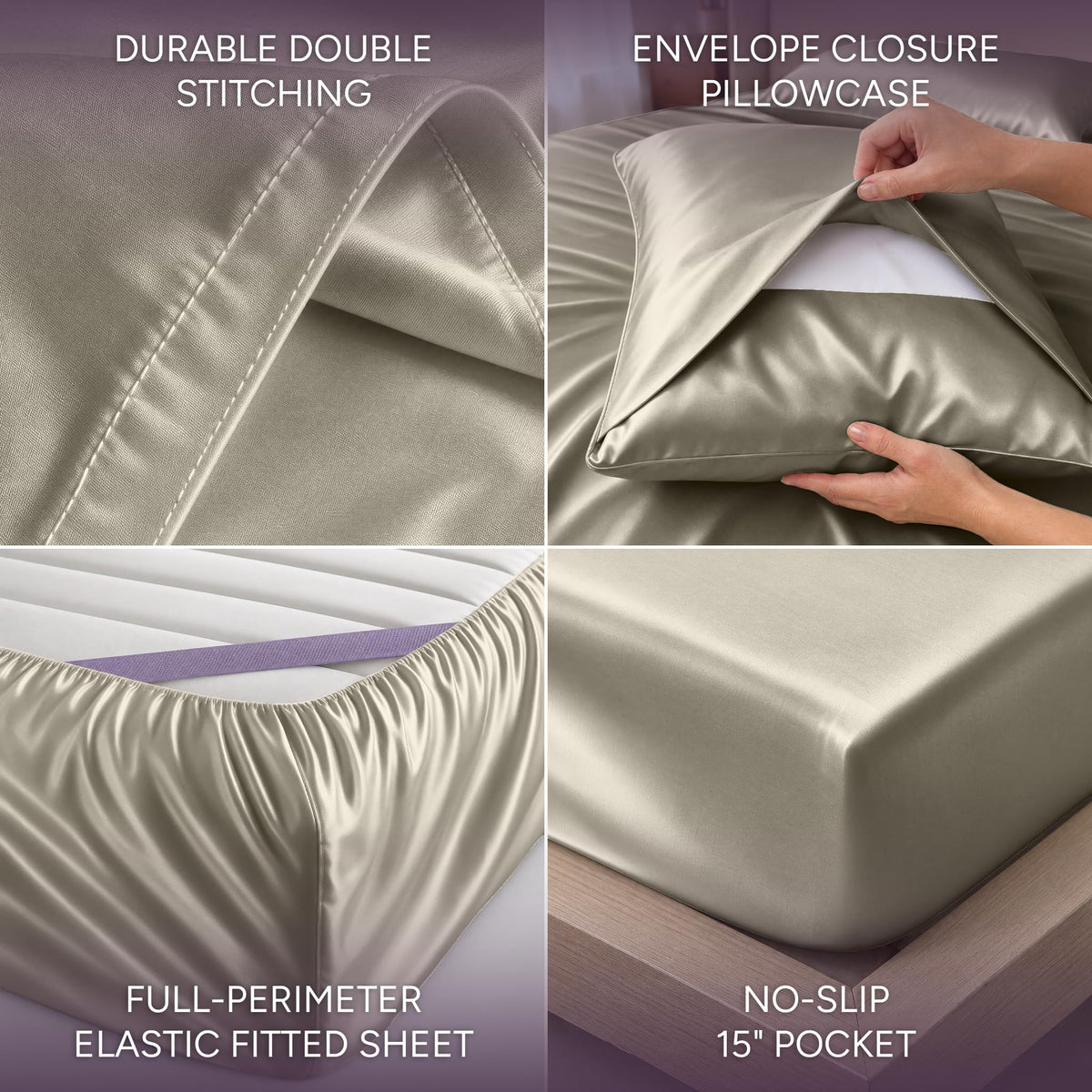 Ivory satin sheet detail collage showing double stitching, an envelope pillowcase, perimeter elastic and a pocket labeled 15 inches.