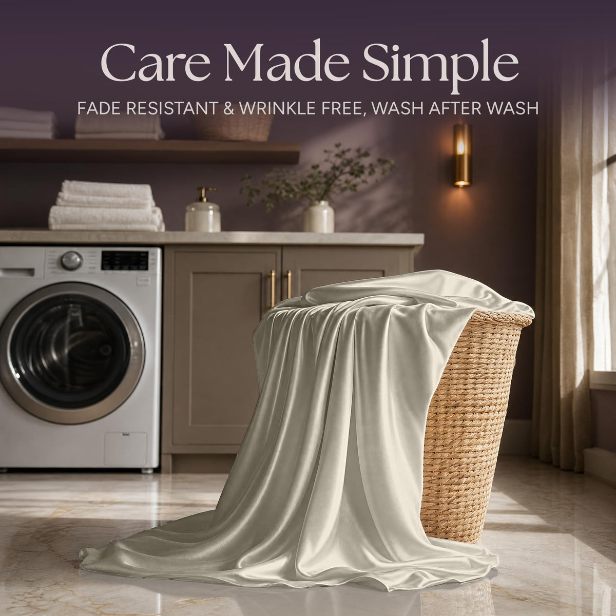 Ivory satin fabric draped over a wicker laundry basket beside a washing machine beneath "Care Made Simple".