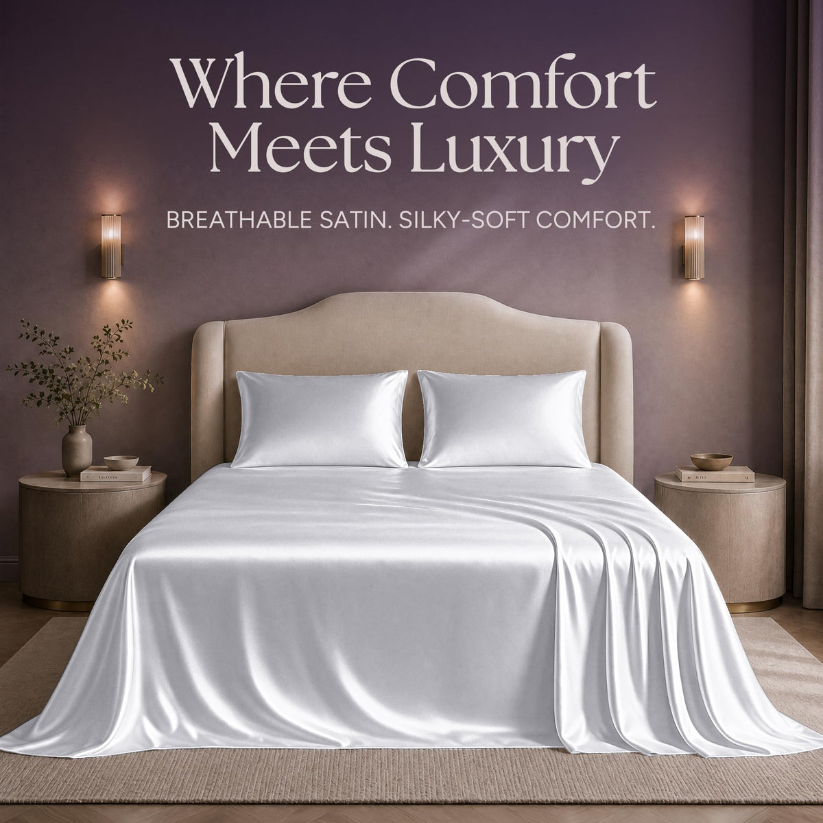 White satin sheets and two matching pillows on a bed beneath "Where Comfort Meets Luxury".