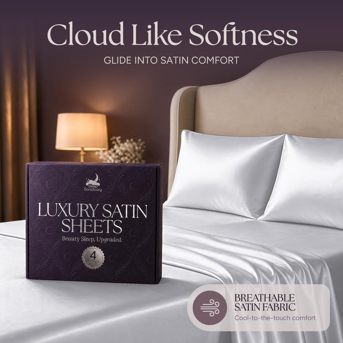 White satin pillows and sheets beside a purple sheet box, beneath the heading "Cloud Like Softness".