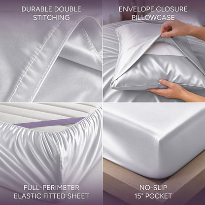 White satin sheet detail collage showing double stitching, an envelope pillowcase, perimeter elastic and a pocket labeled 15 inches.