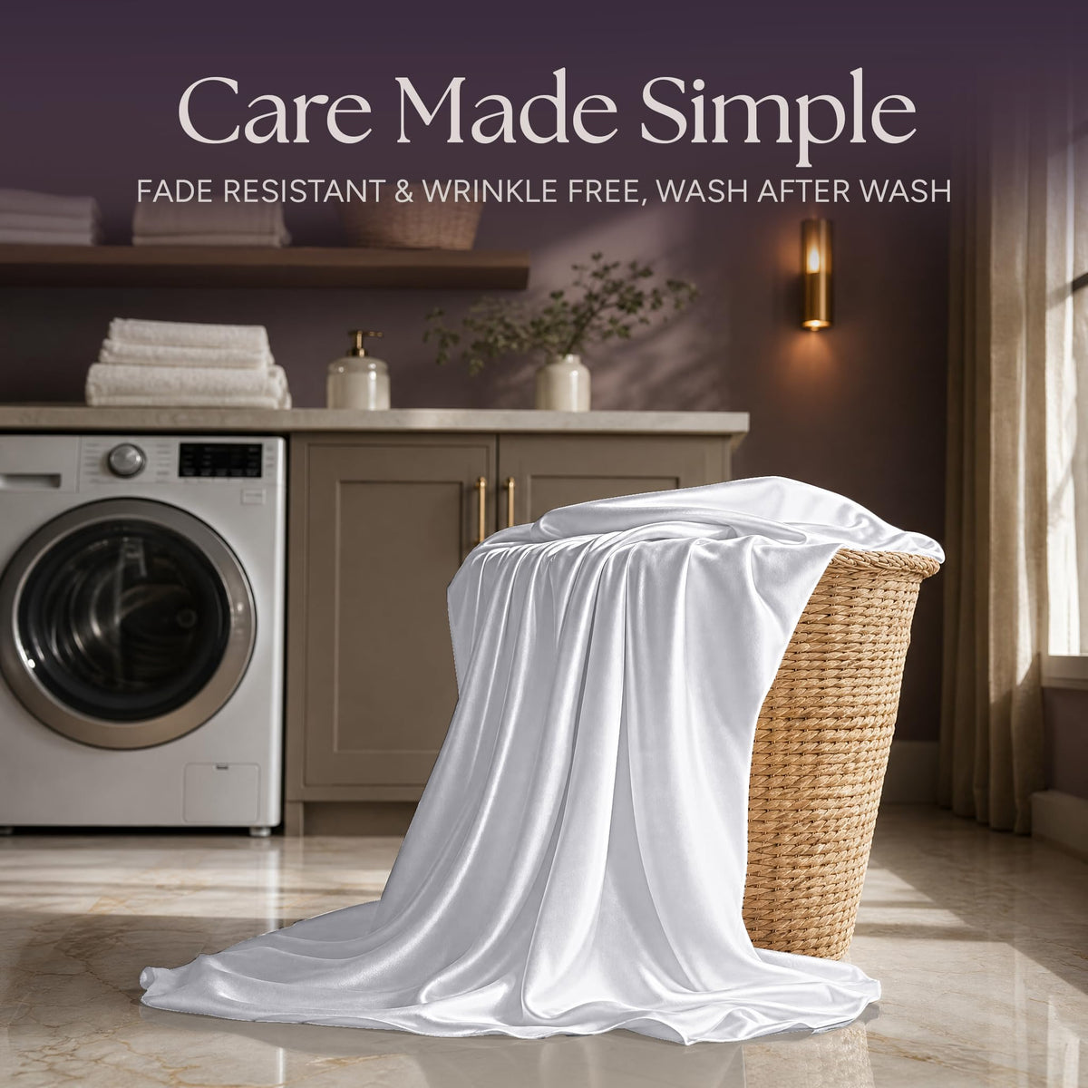 White satin fabric draped over a wicker laundry basket beside a washing machine beneath "Care Made Simple".