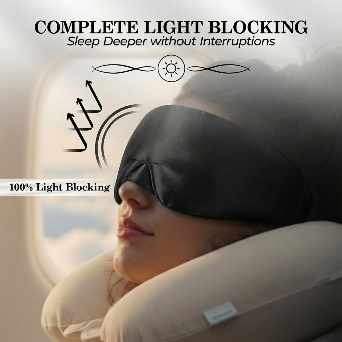 Person reclining with a neck pillow and black wide sleep mask, with light reflection arrows beneath "Complete Light Blocking".
