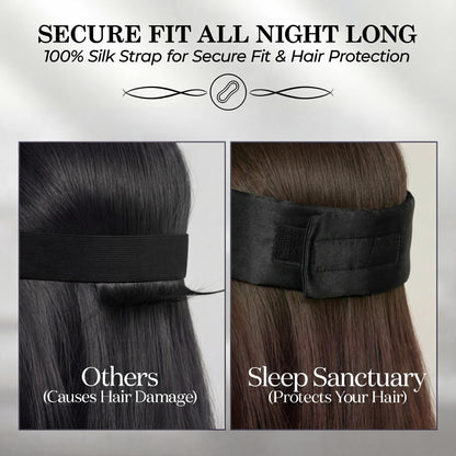 Side by side view of hair under a plain black strap and a black wide adjustable fastening sleep mask strap beneath "Secure Fit All Night Long".