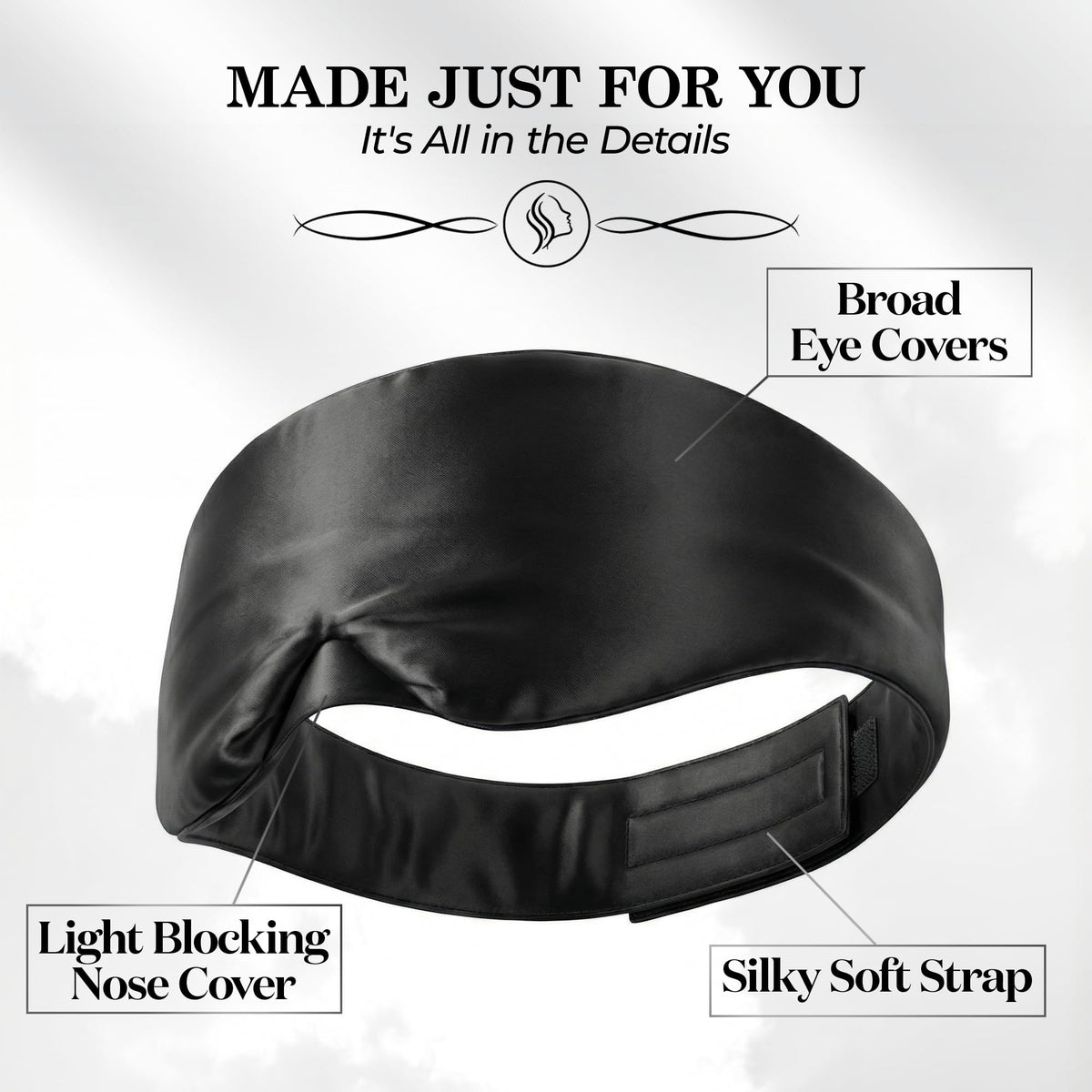 Black wide sleep mask viewed from behind, with labels pointing to broad eye covers, nose cover and adjustable fastening strap.
