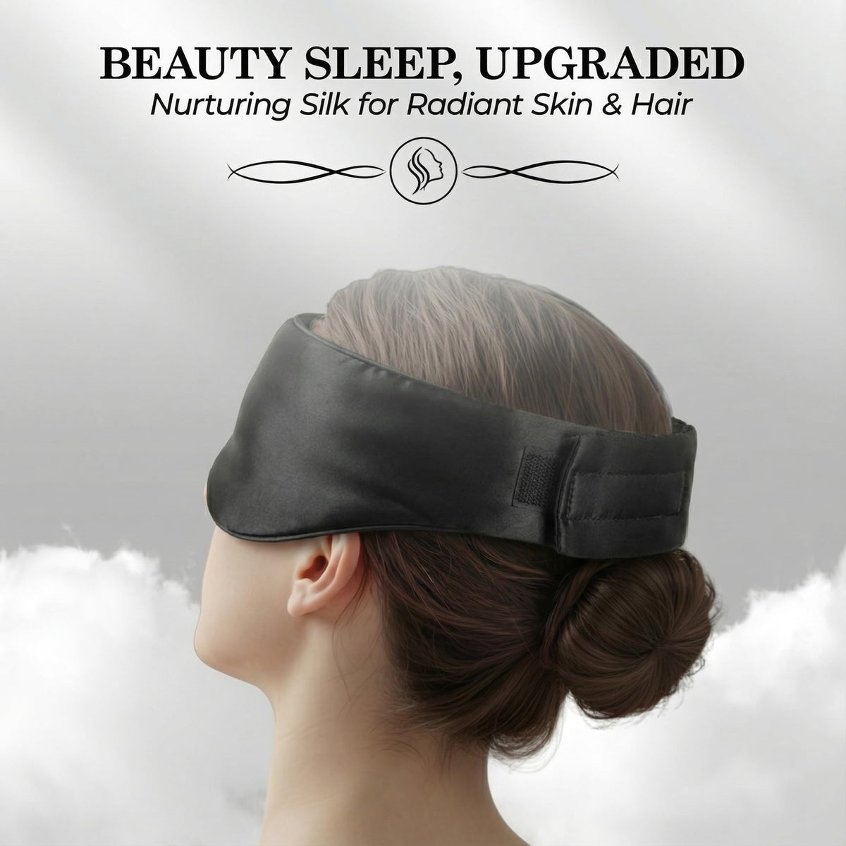 Side and rear view of a person wearing a black sleep mask with a wide adjustable fastening strap beneath "Beauty Sleep, Upgraded".