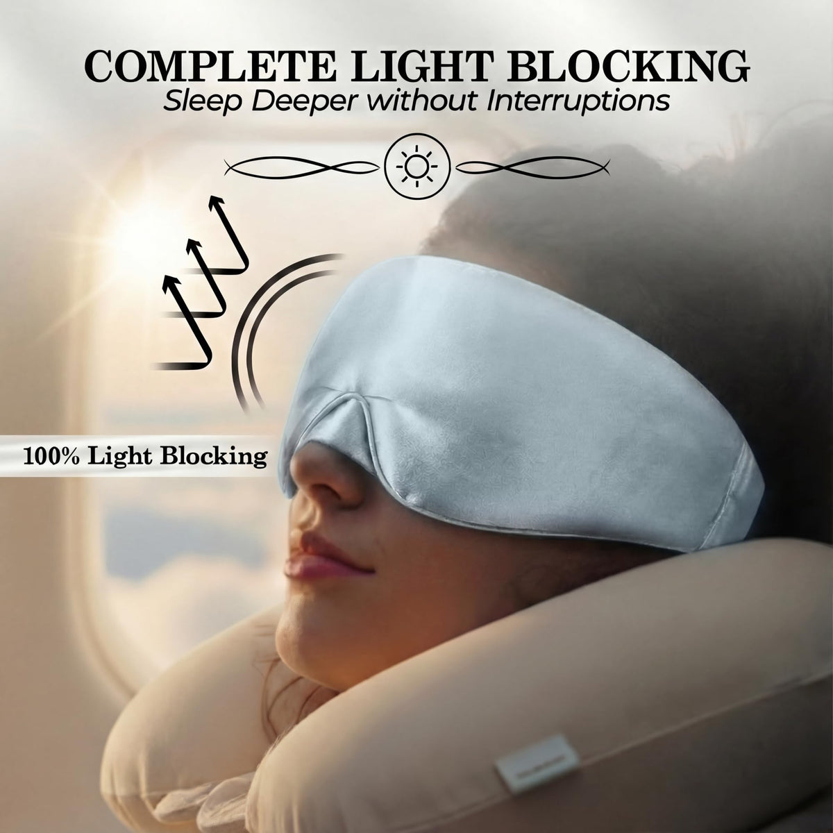 Person reclining with a neck pillow and pale blue wide sleep mask, with light reflection arrows beneath "Complete Light Blocking".