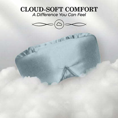 Pale blue wide sleep mask resting on white cloudlike fluff beneath "Cloud-Soft Comfort".