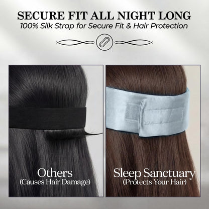 Side by side view of hair under a plain black strap and a pale blue wide adjustable fastening sleep mask strap beneath "Secure Fit All Night Long".