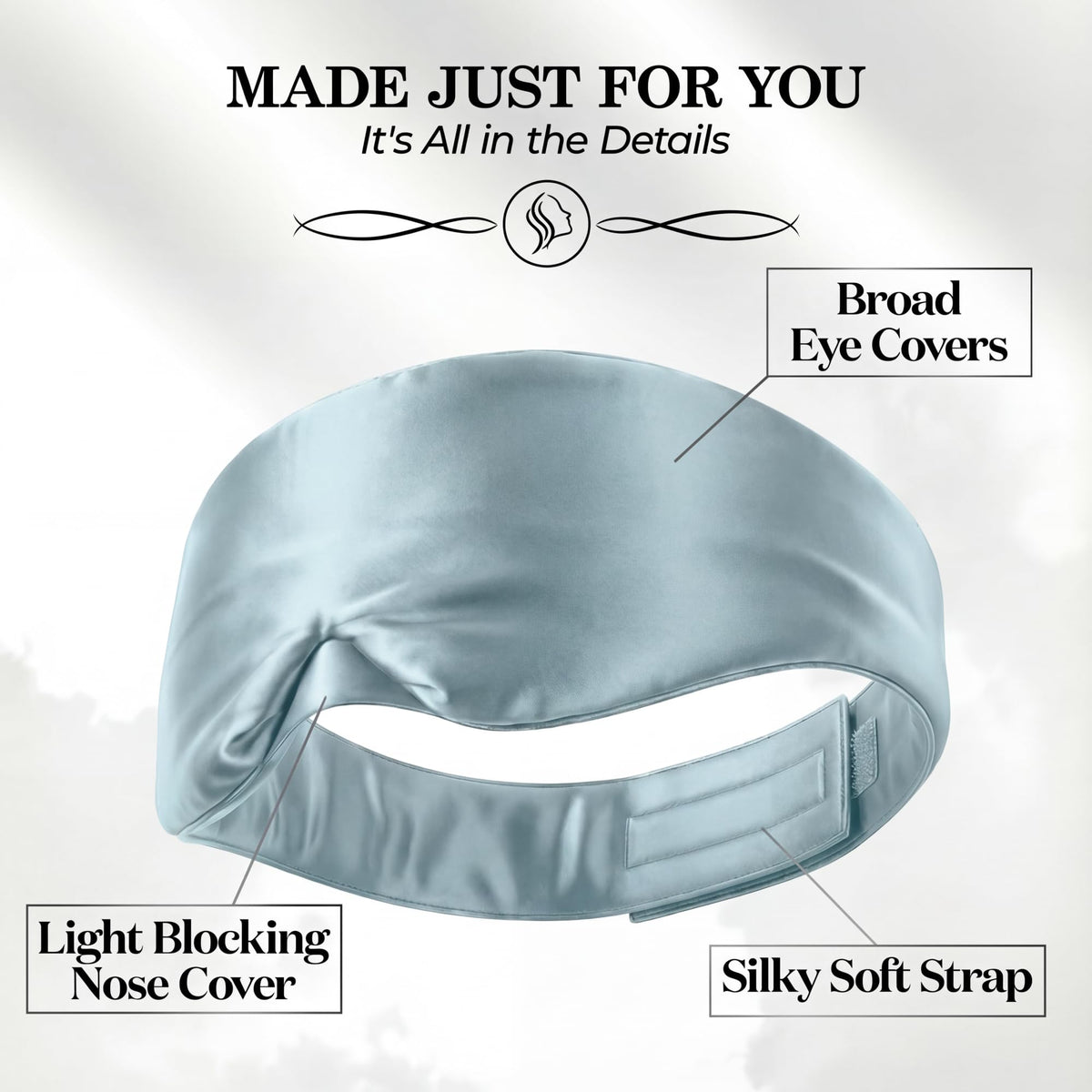 Pale blue wide sleep mask viewed from behind, with labels pointing to broad eye covers, nose cover and adjustable fastening strap.