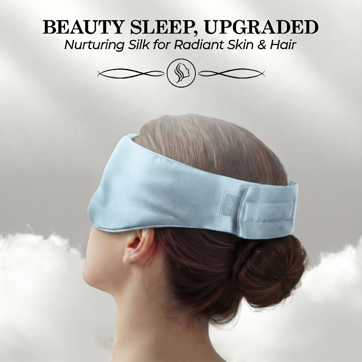 Side and rear view of a person wearing a pale blue sleep mask with a wide adjustable fastening strap beneath "Beauty Sleep, Upgraded".