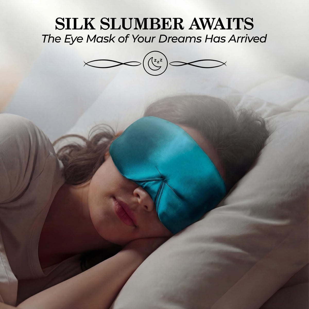 Person sleeping on their side wearing a teal wide sleep mask beneath "Silk Slumber Awaits".