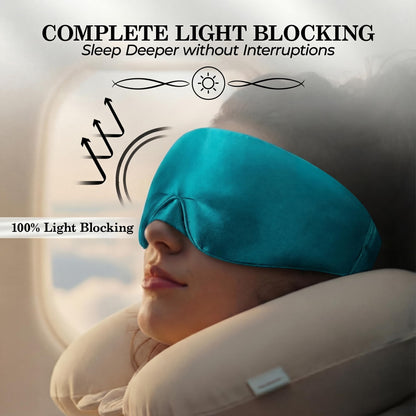 Person reclining with a neck pillow and teal wide sleep mask, with light reflection arrows beneath "Complete Light Blocking".