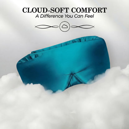 Teal wide sleep mask resting on white cloudlike fluff beneath "Cloud-Soft Comfort".