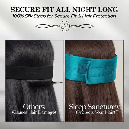 Side by side view of hair under a plain black strap and a teal wide adjustable fastening sleep mask strap beneath "Secure Fit All Night Long".