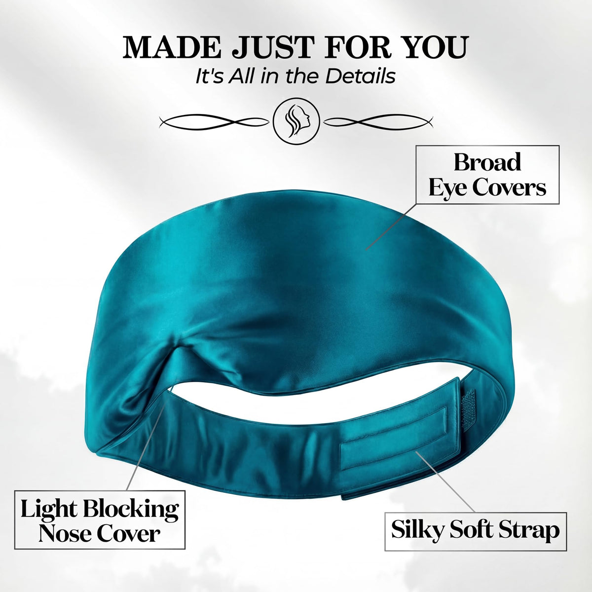 Teal wide sleep mask viewed from behind, with labels pointing to broad eye covers, nose cover and adjustable fastening strap.
