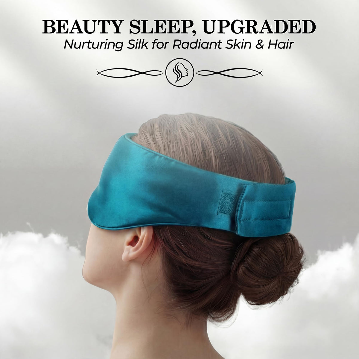Side and rear view of a person wearing a teal sleep mask with a wide adjustable fastening strap beneath "Beauty Sleep, Upgraded".