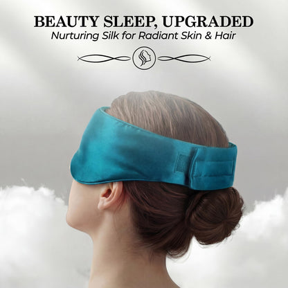 Side and rear view of a person wearing a teal sleep mask with a wide adjustable fastening strap beneath "Beauty Sleep, Upgraded".